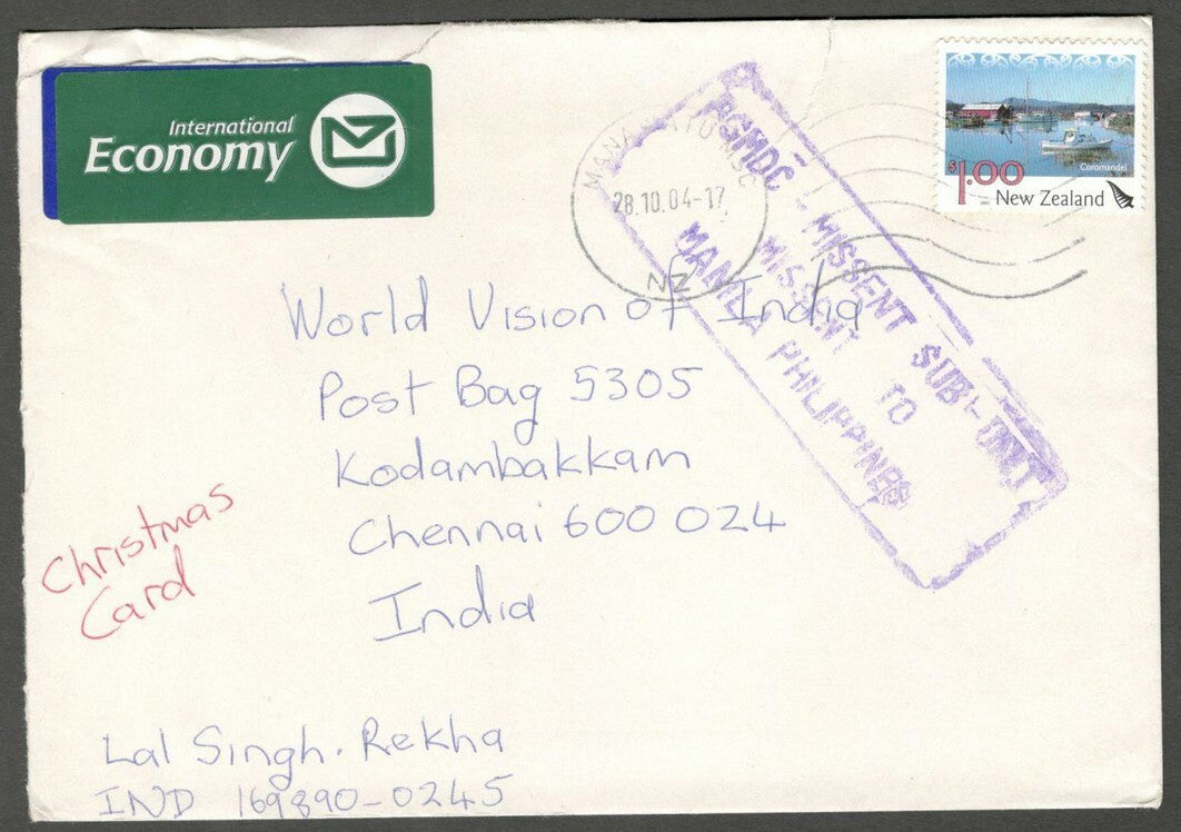 AOP New Zealand cover to India with MISSENT TO MANILA PHILIPPINES