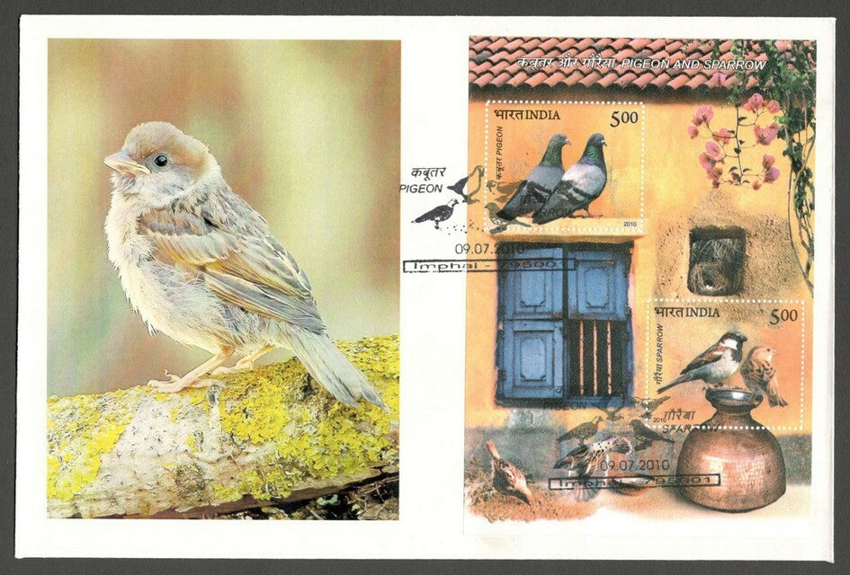 AOP India 2010 Birds Pigeon & Sparrow MS on FDC First Day cover