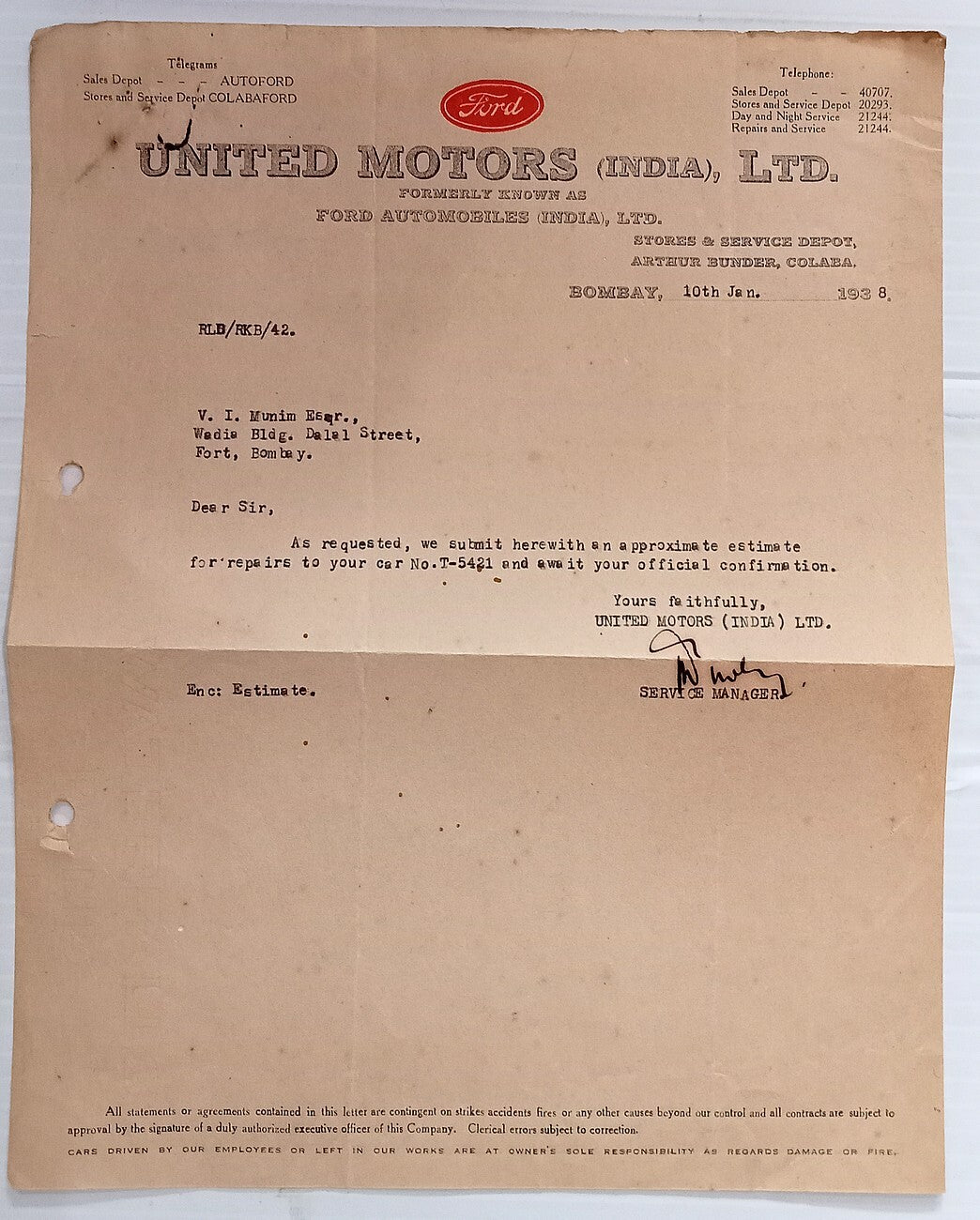 AOP India Ford Dealer UNITED MOTORS (INDIA) LTD.,, Bombay 1938 letterhead