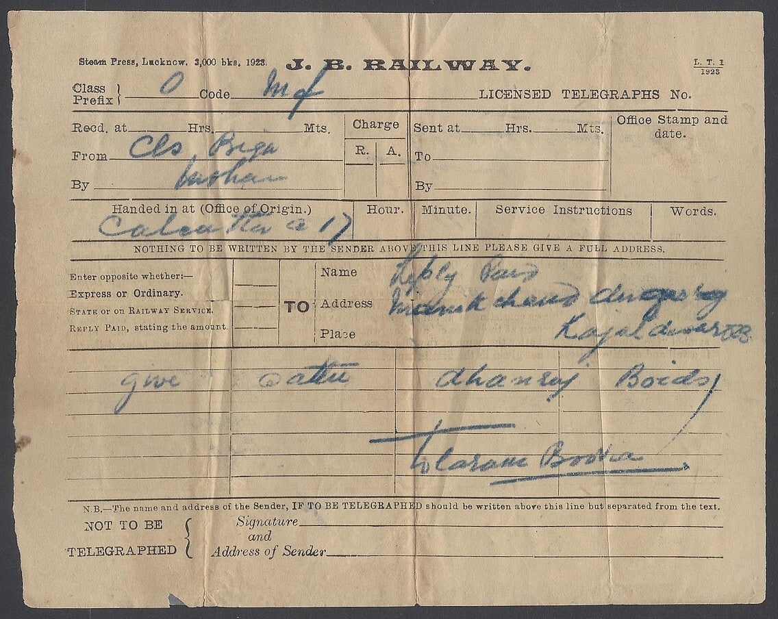 AOP India J.B. (Jodhpur Bikaner) State Railway telegram form used