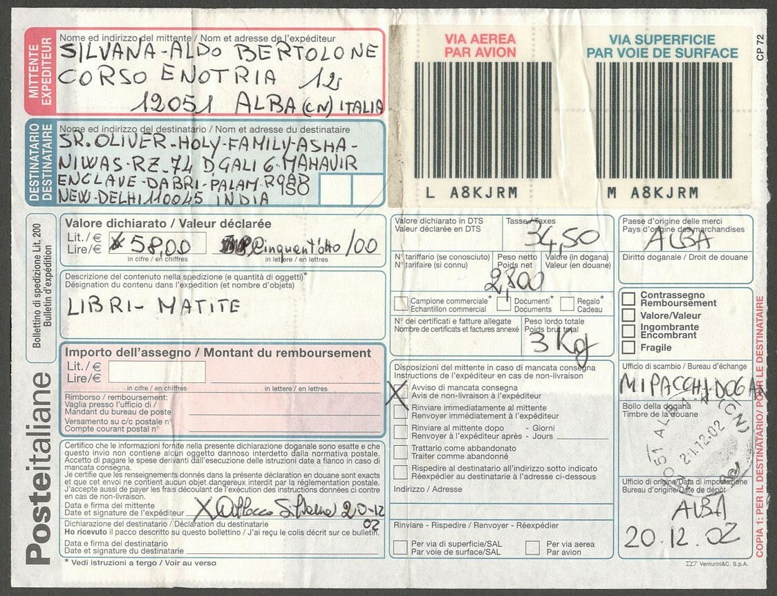 AOP Italy 2002 parcel card to India with dual currency issues