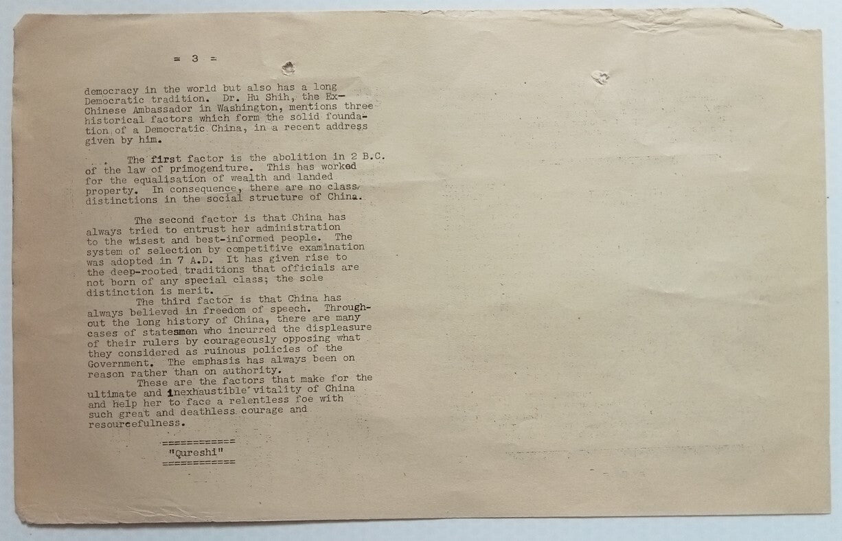 AOP India WW2 National War Front leaflet CHURCHILL PRAISES CHINA'S DEMOCRACY