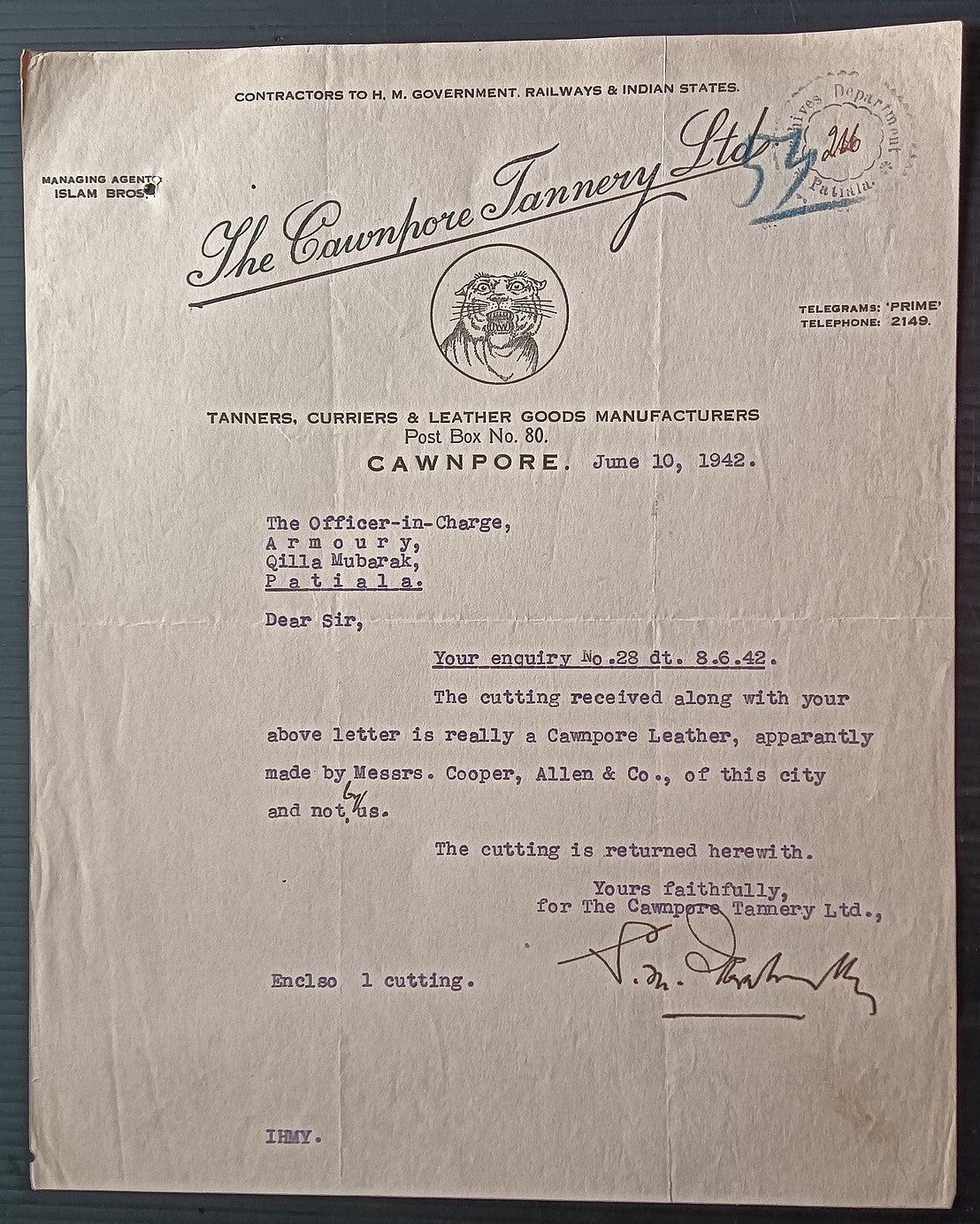 India 1942 illustrated letterhead THE CAWNPORE TANNERY LTD., Cawnpore