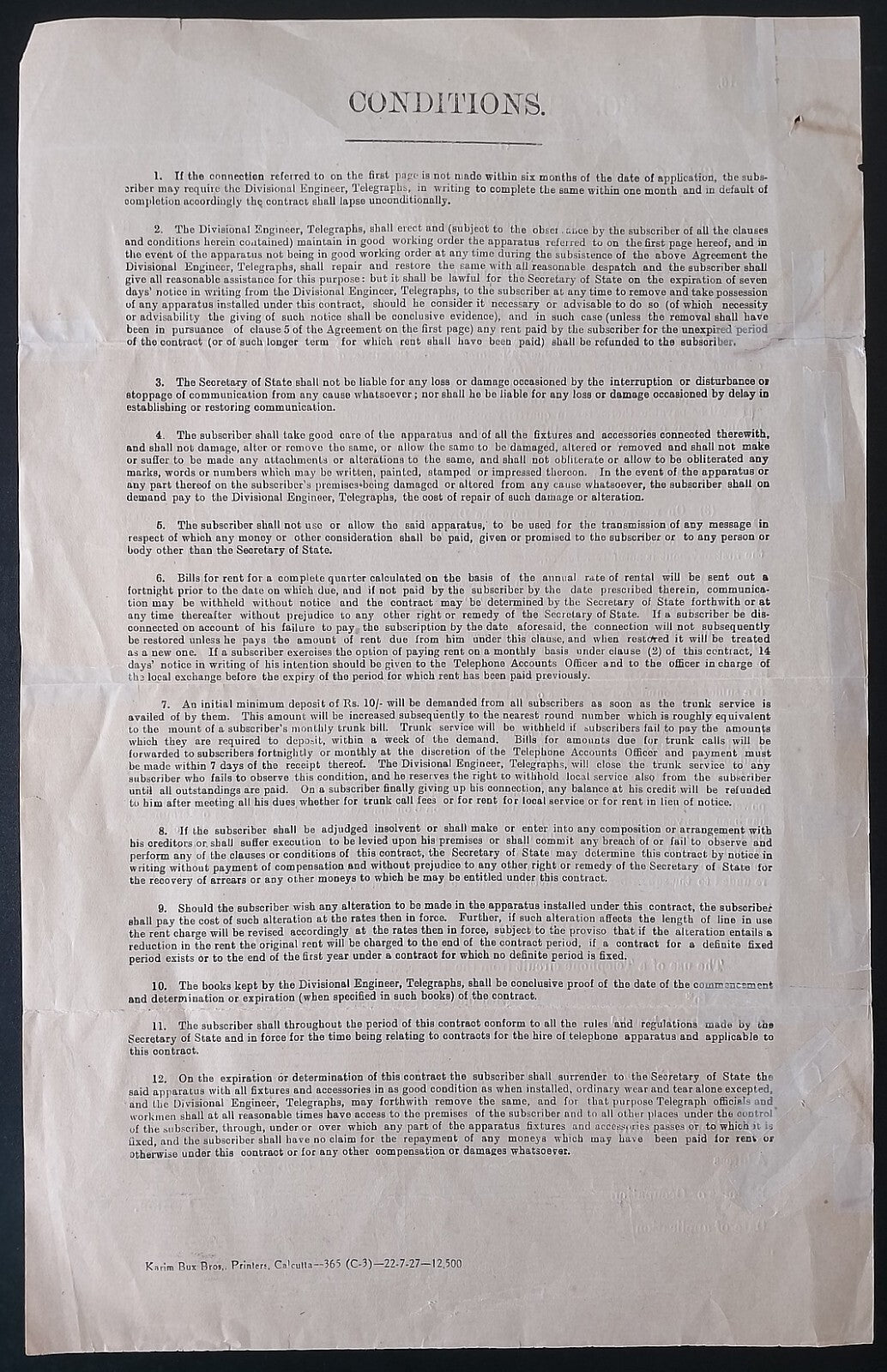AOP India 1927 Posts & Telegraphs form for Telephone Circuits