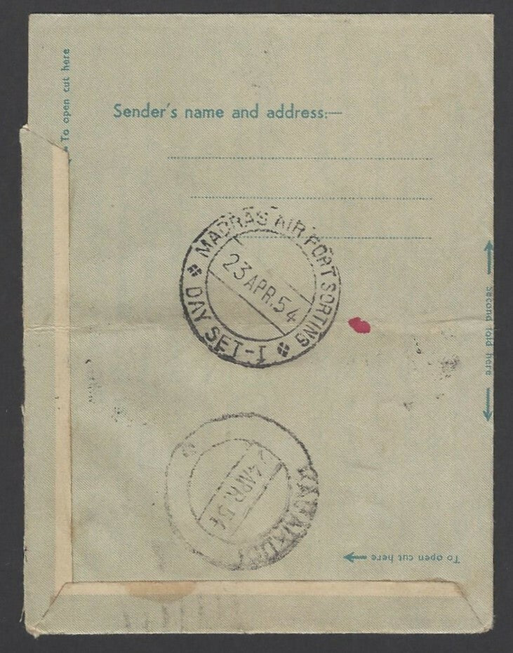Burma 6a air letter used 1954 to India wi THEINGYI-ZE DUE AS & othe due markings