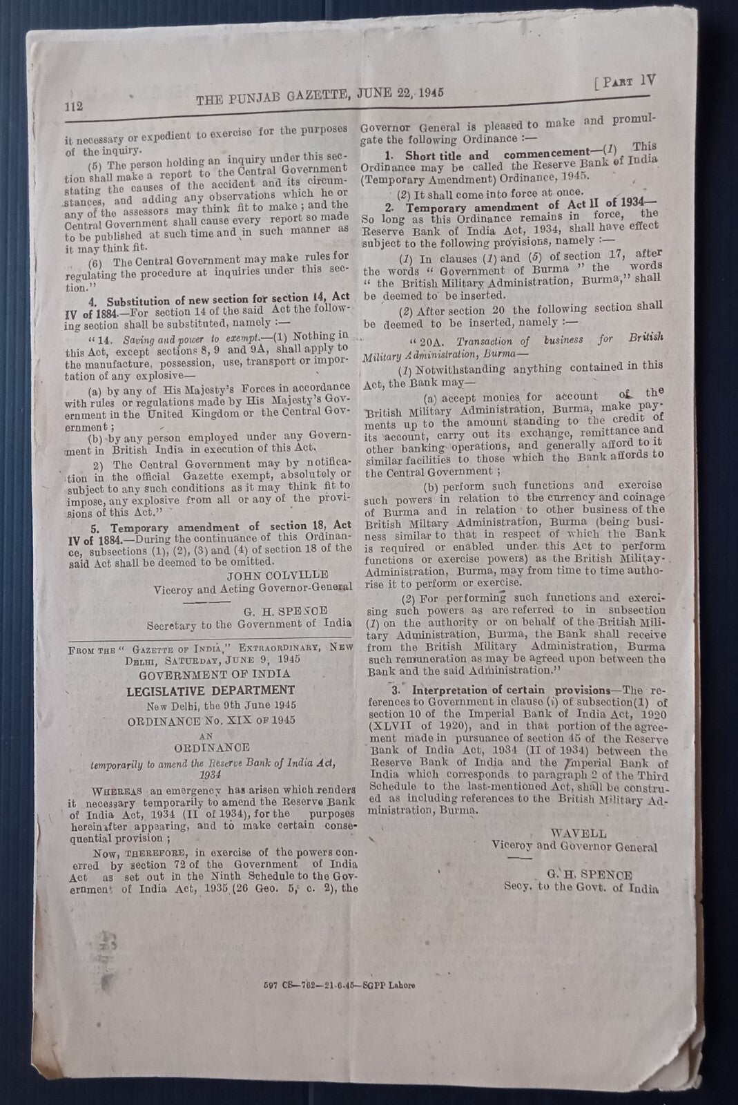 THE PUNJAB GAZETTE, Lahore, India June 22, 1945 issues (4)