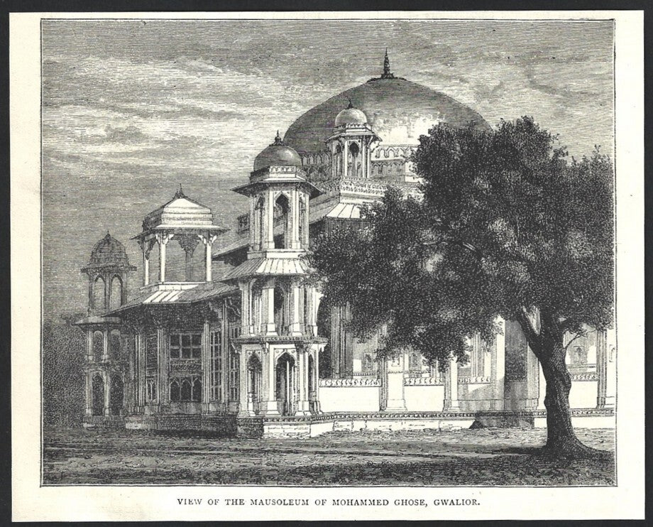 India MAUSOLEUM OF MUHAMMED GHOSE GWALIOR engraved print - Rousslet 1876 6.5"x5"