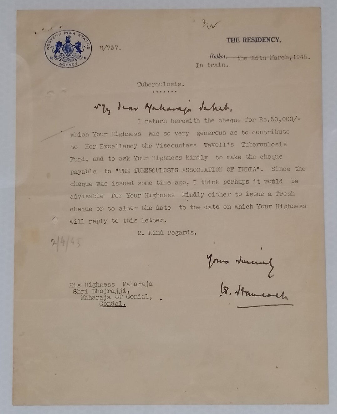 India 1945 Western India States Agency crested Tuberculosis letter sd Hancock