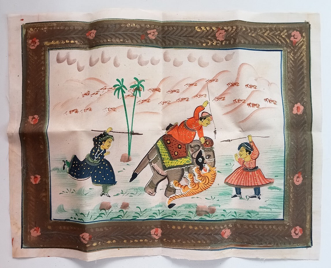India vintage painting on cloth RAJAH ON ELEPHANT KILLING TIGER 9 x 12 inches