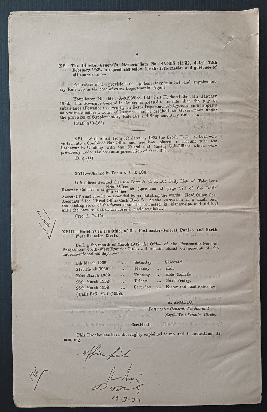 India 1932 PG'S POSTAL CIRCULAR Postage Due Two & Half Annas stamps, etc.