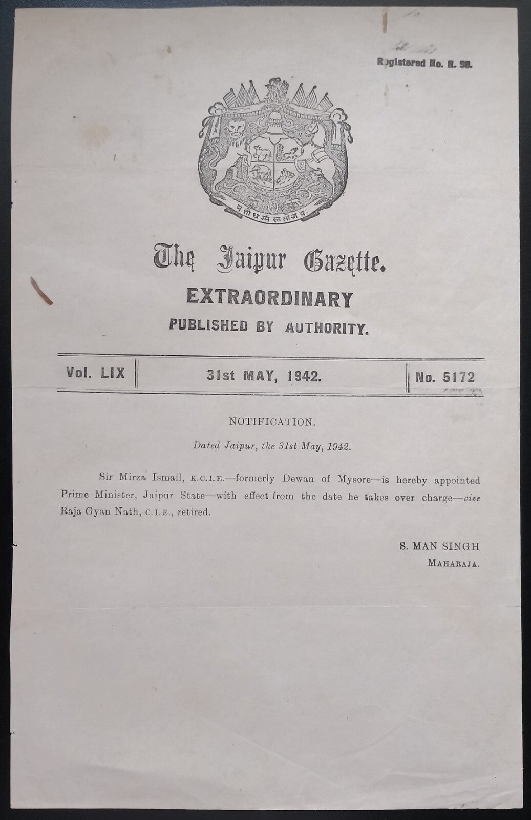 India Jaipur State 1942 Gazette Extraordinary Appointment of new Prime Minister