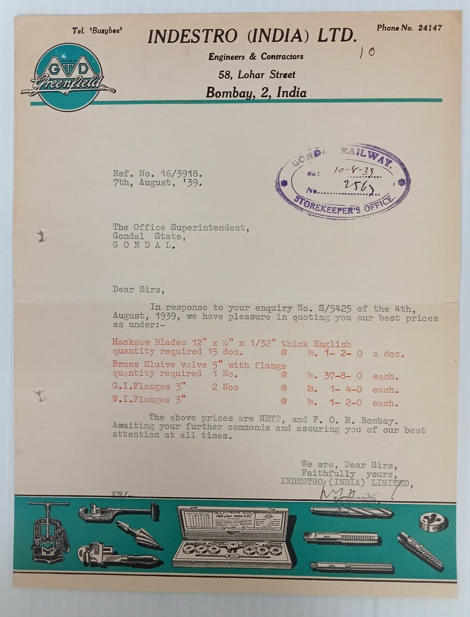AOP Engineers & Contractors Hardware Bombay 1939 illustrated letterhead India