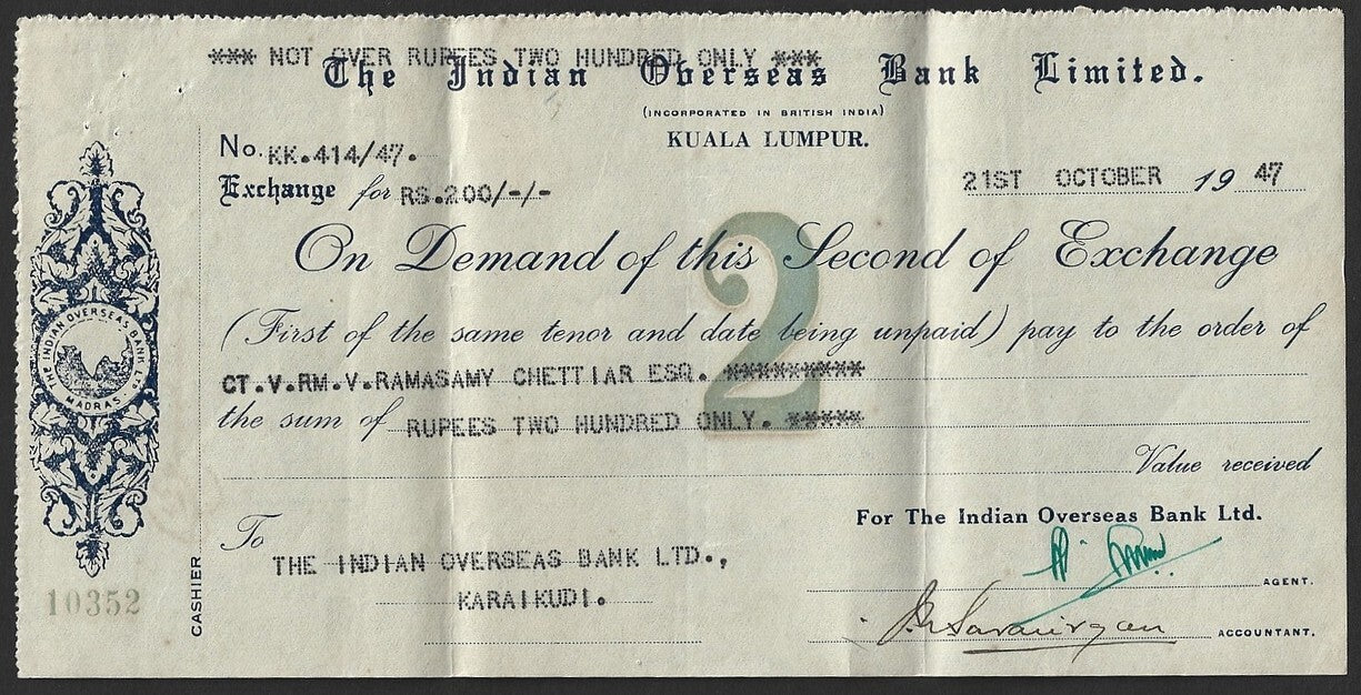Malaya Indian Overseas Bank, Kuala Lumpur 1947 check cheque