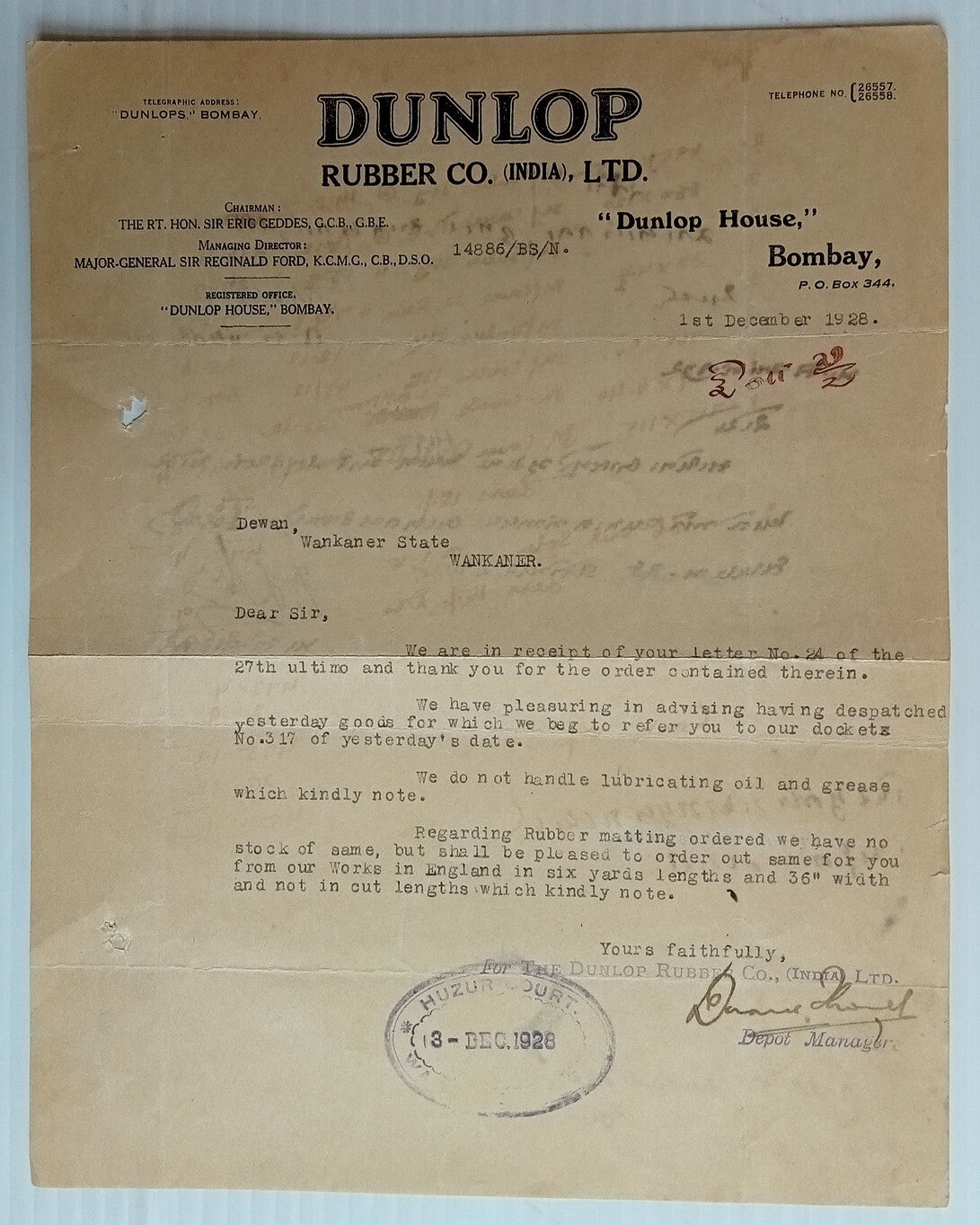 AOP India 1928 letterhead DUNLOP RUBBER AND CO. (INDIA), LTD Bombay