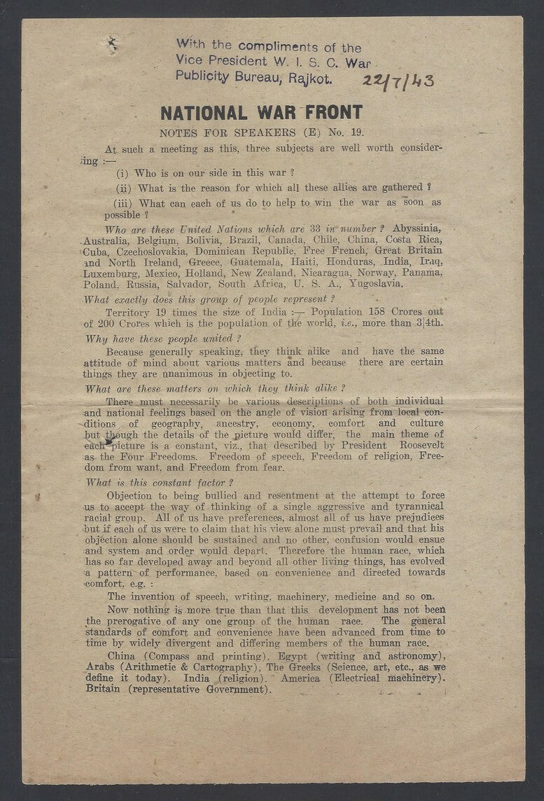 AOP India WW2 propaganda Notes for Speakers (E) # 19 leaflet