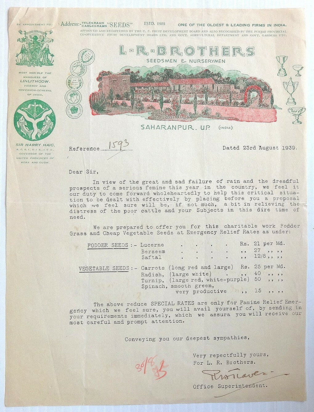 India 1939 illustrated letterhead SEEDSMEN & NURSERYMEN Saharanpur
