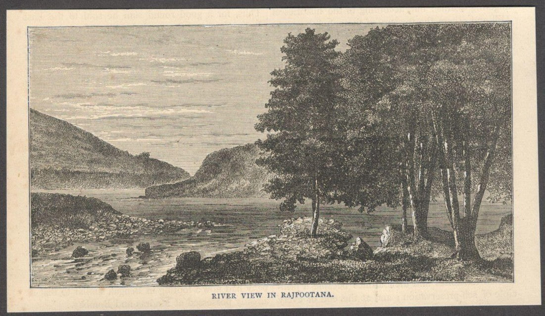 India RIVER VIEW IN RAJPOOTANA engraved print ex libris Rousslet 1876 6.5"x3.5"