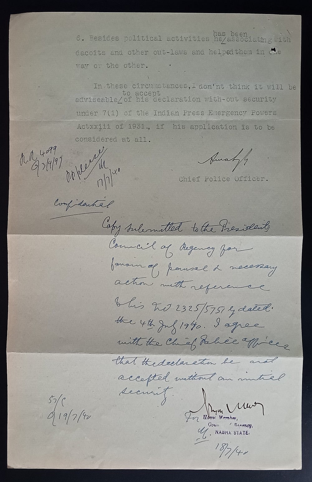 India 1940 Official letter about Teja Singh, Kharak Singh SPGC, Akali agitator