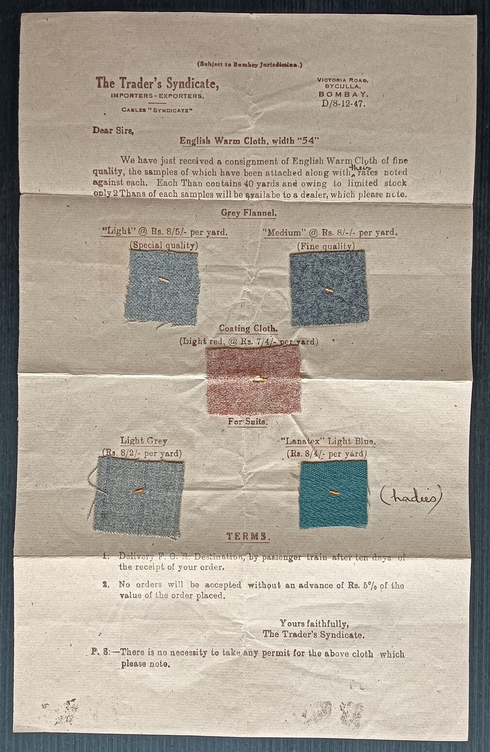 India 1947 textile advertisement with samples attached
