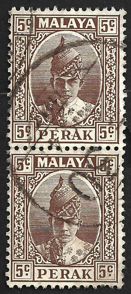 AOP Malaya PERAK 5c brown pair canc. India Army 1941 FPO No.30 KROH, Perak