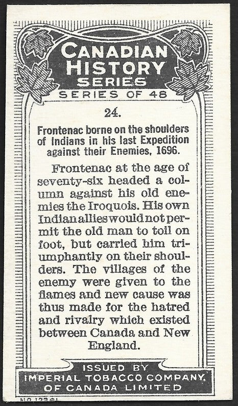 CANADIAN HISTORY 1926 cigarette card Imperial Tobacco FRONTENAC BORNE BY INDIANS