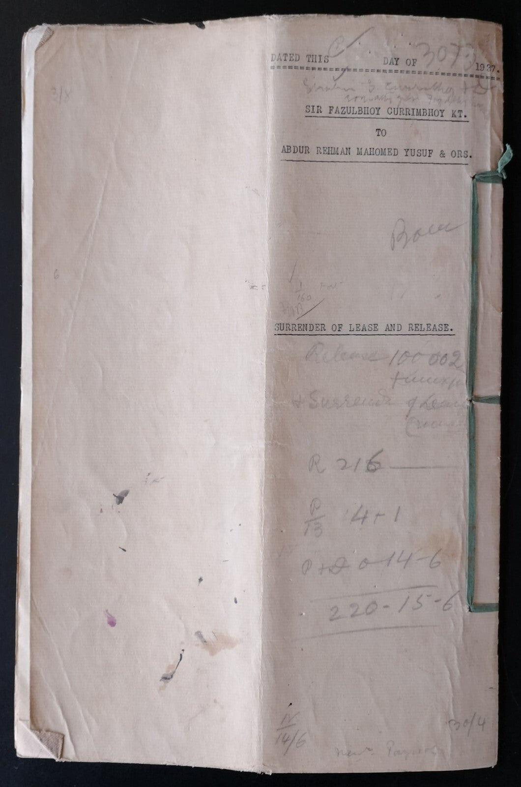 AOP India 1937 indenture signed Fazulbhoy Currimbhoy