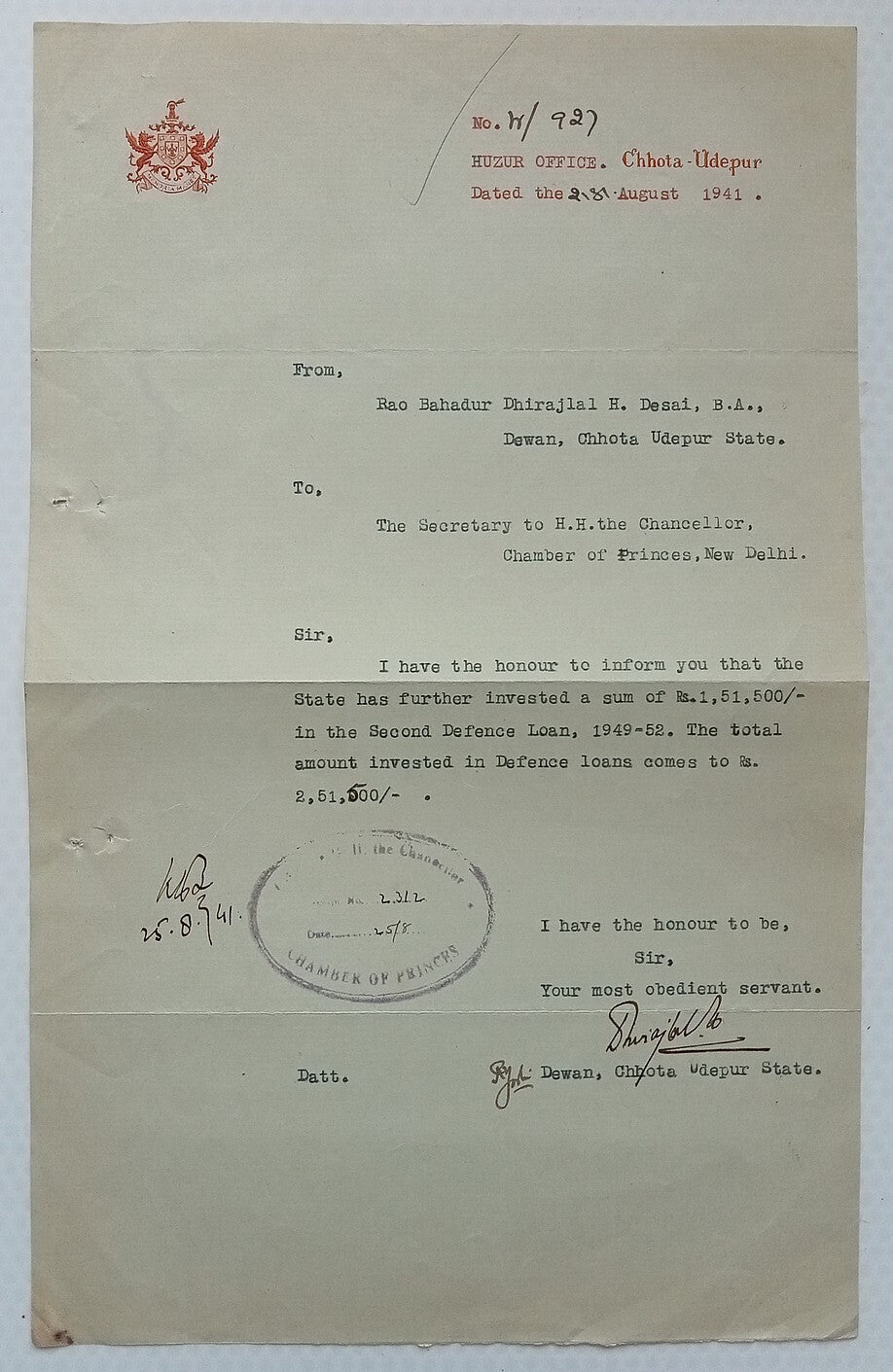 CHHOTA UDEPUR crested letter signed by the Dewan 1941 India