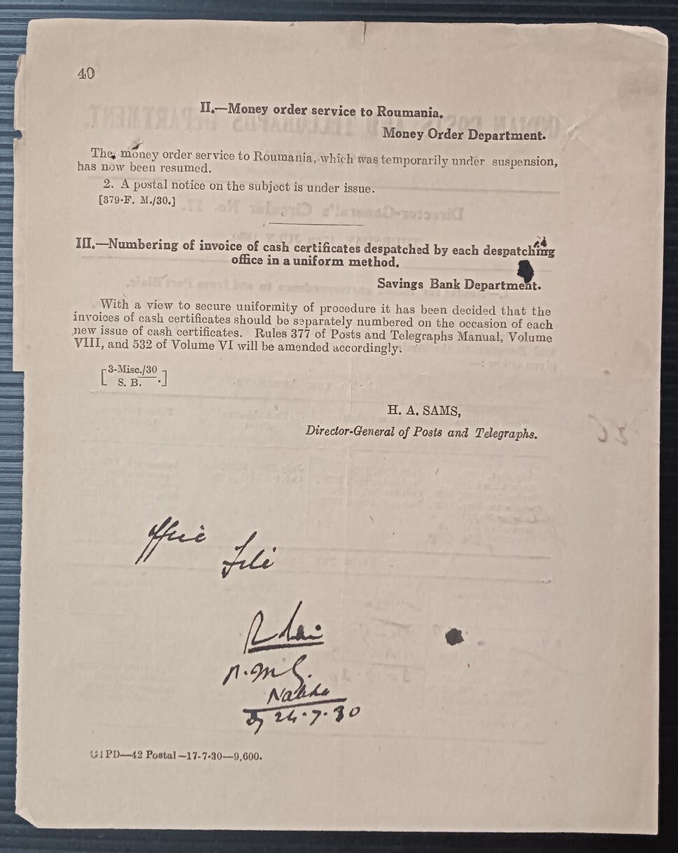 India POSTAL NOTICE 17 -7-1930 Money Order Service to Roumania + CIRCULAR NO. 17