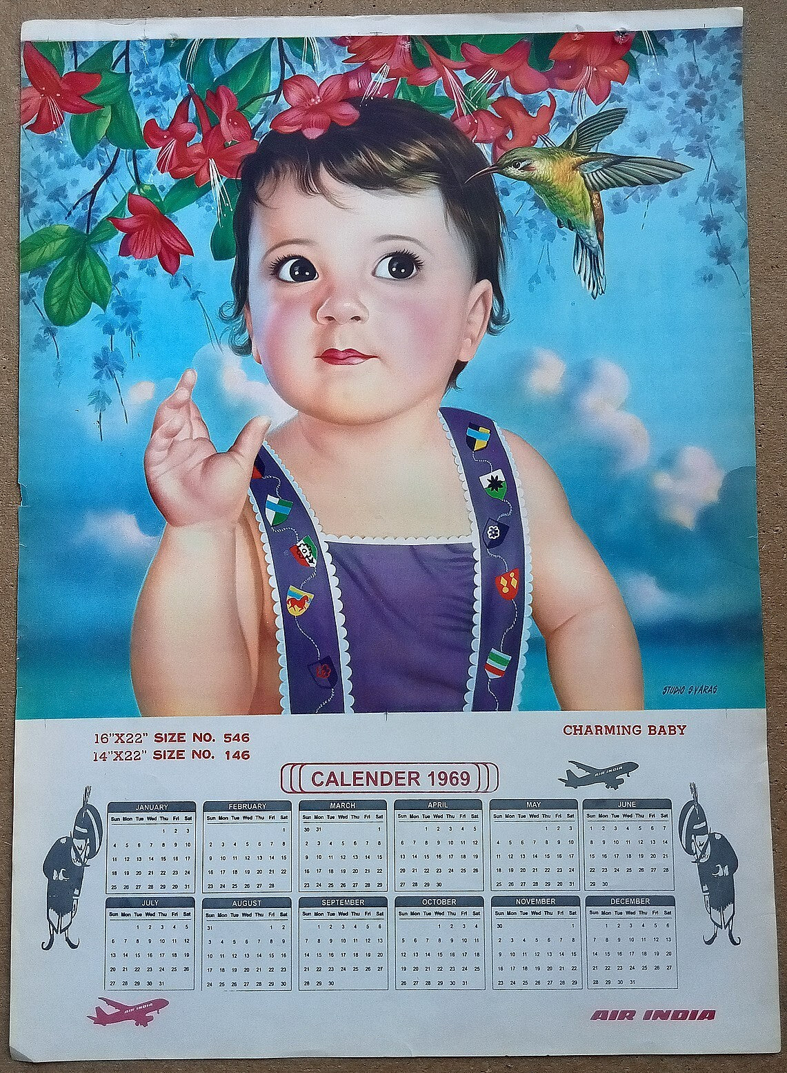 AIR INDIA 1969 poster calender 546 - CHARMING BABY - STUDIO : S. V. VARAS - R