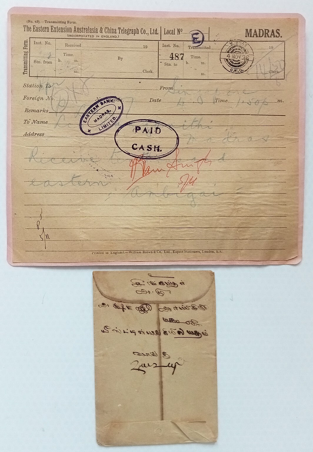 India EASTERN EXTN AUSTRALASIA & CHINA TELEGRAPH CO. telegram & env used 1926
