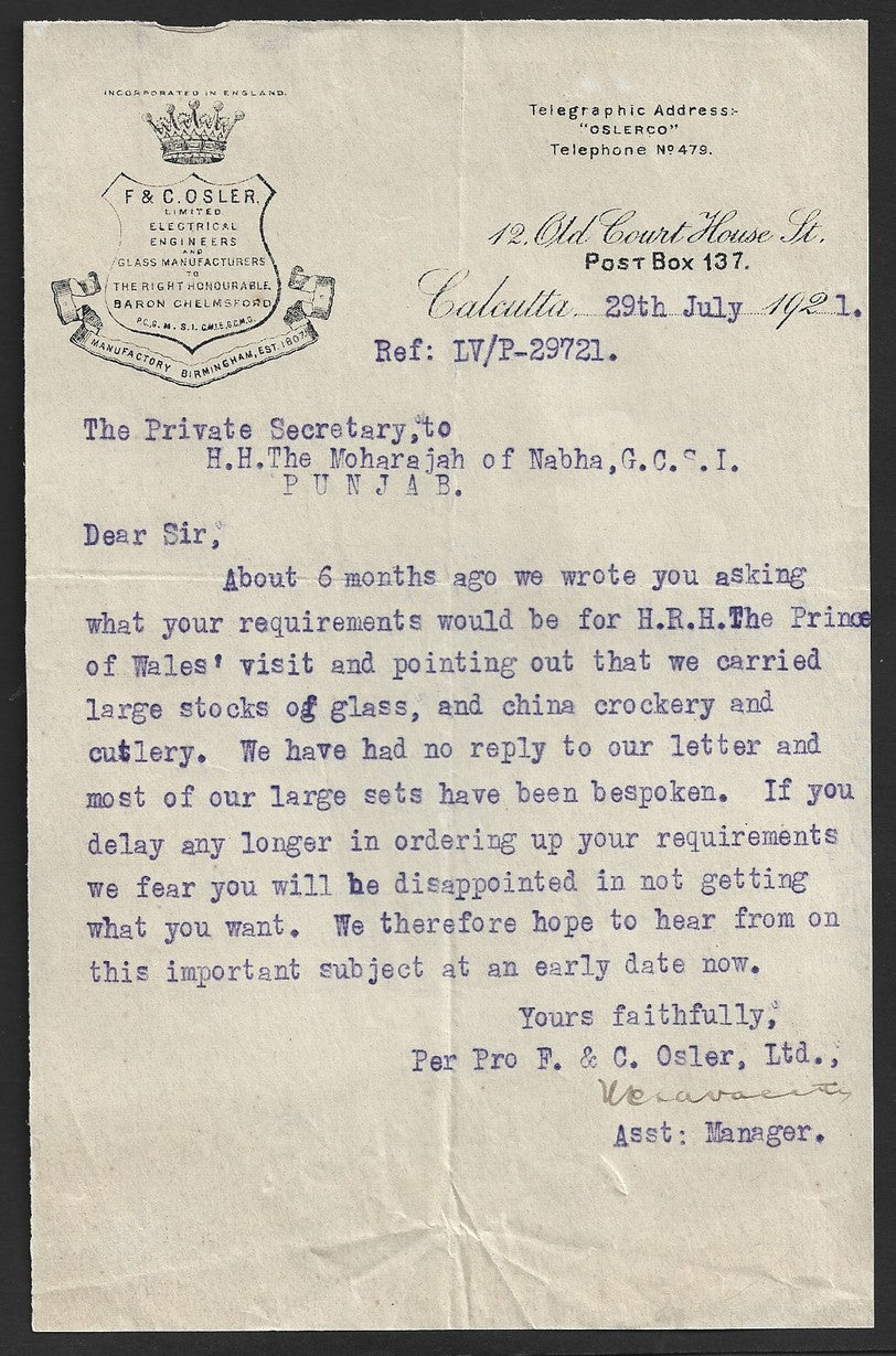 India 1921 PRINCE OF WALES visit letter about crock-ery & cutlery for his dinner