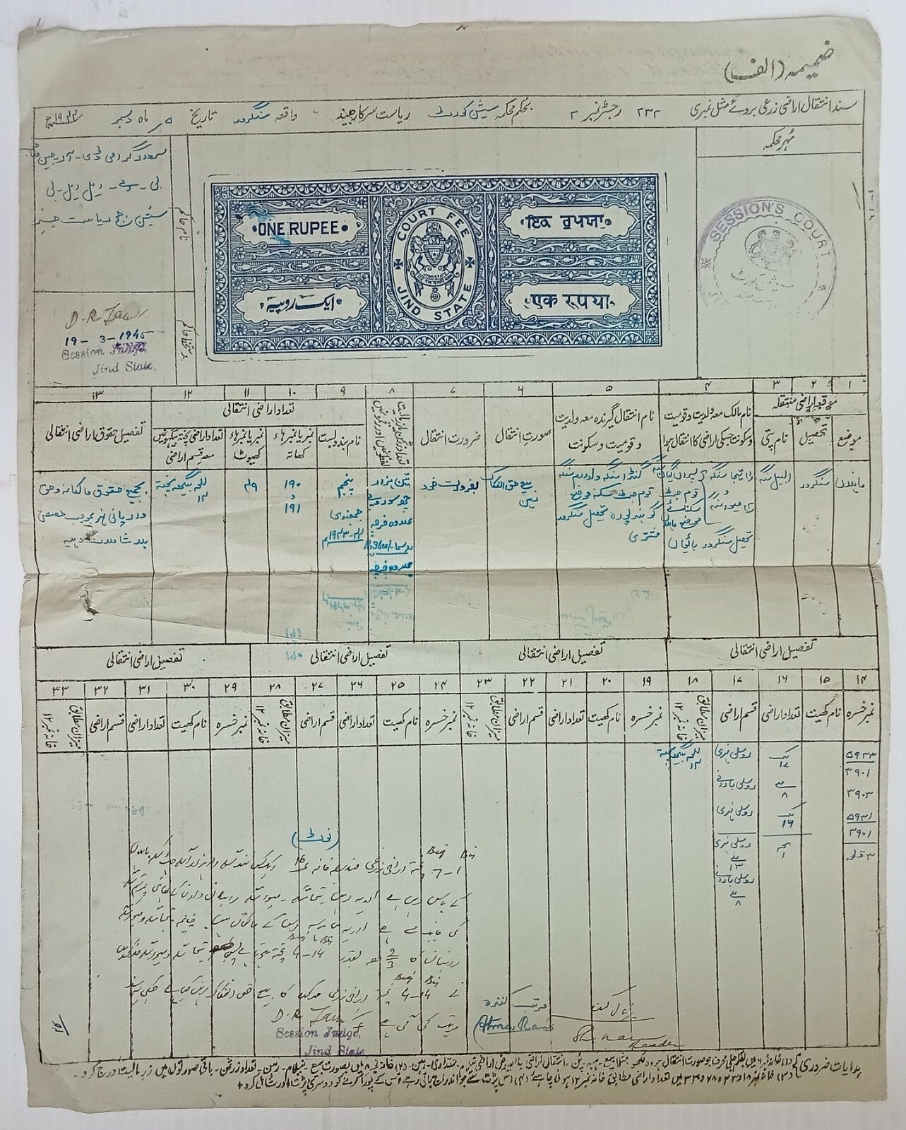 AOP India Jind State large 1R blue/grey stamp paper Type 10