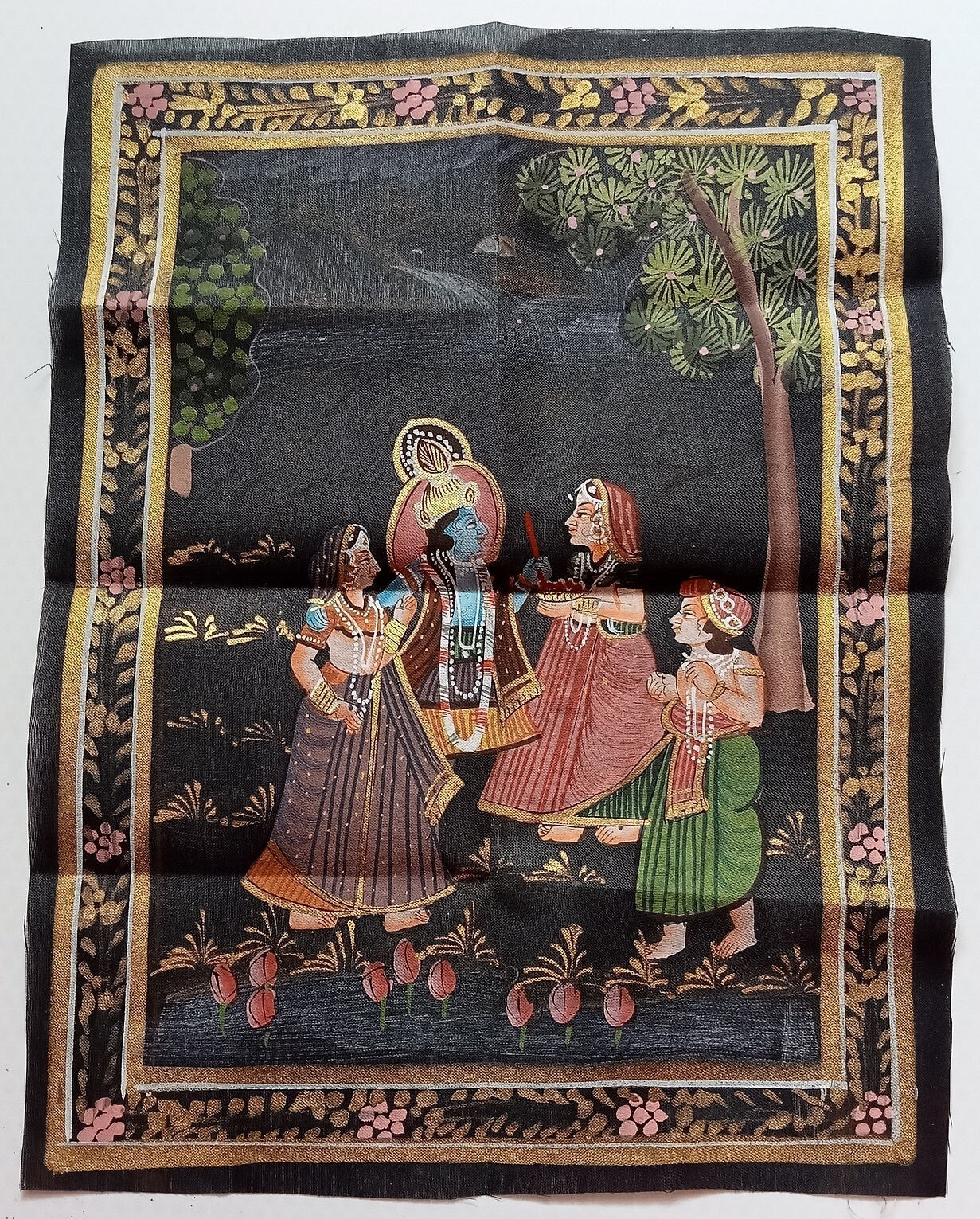 India vintage hand painting on cloth RADHA, KRISHNA & BALRAM 9 x 12 inches