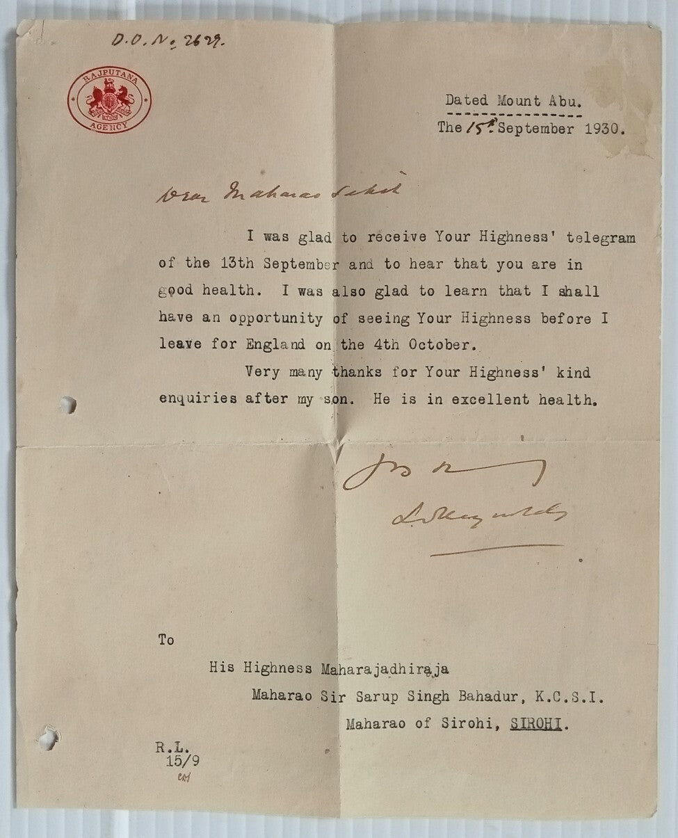 AOP India 1930 crested Coat of Arms letter RAJPUTANA AGENCY