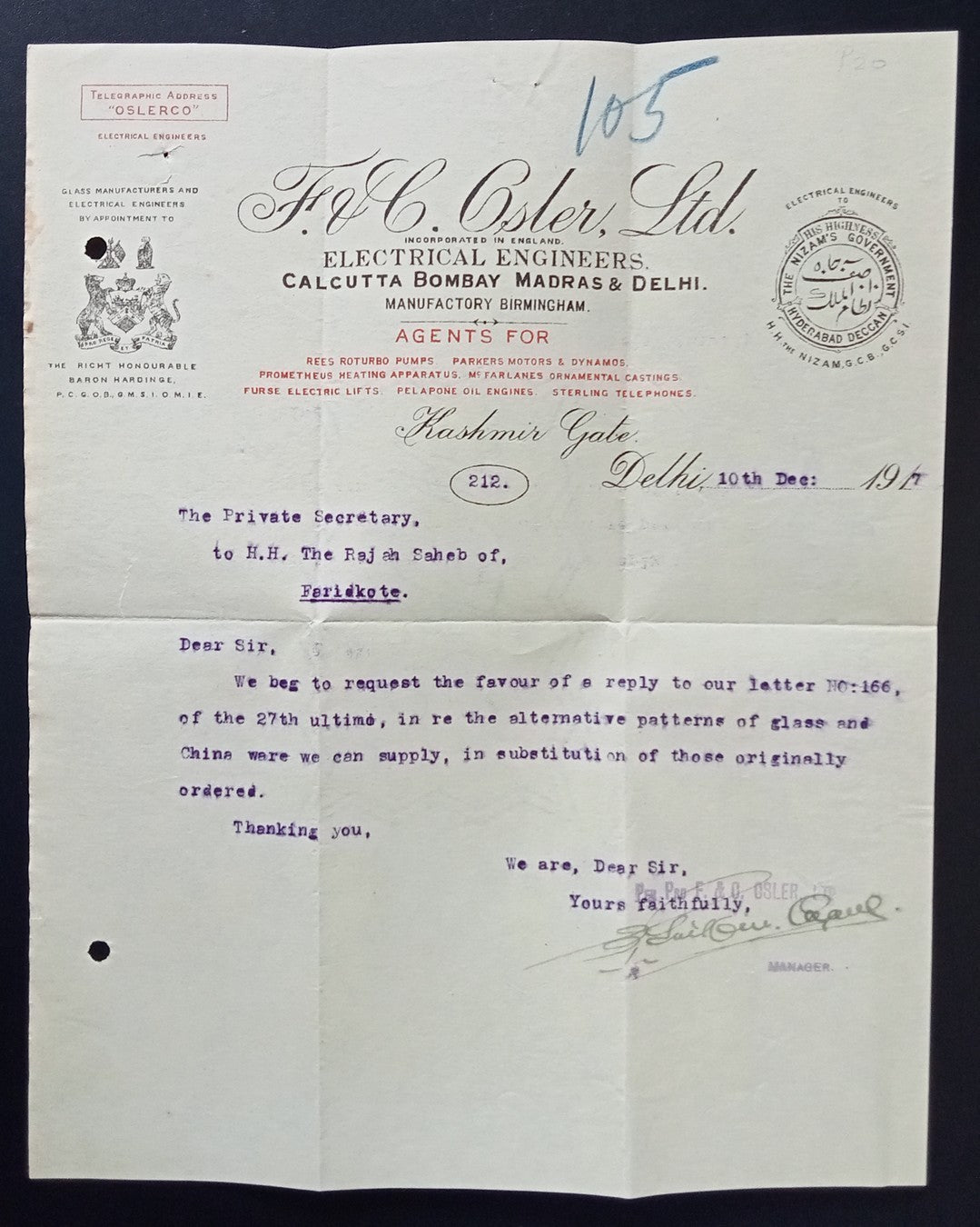 India F&C Osler Ltd., Electrical Engineers 1917 letterhead to PS Raja of Faridko