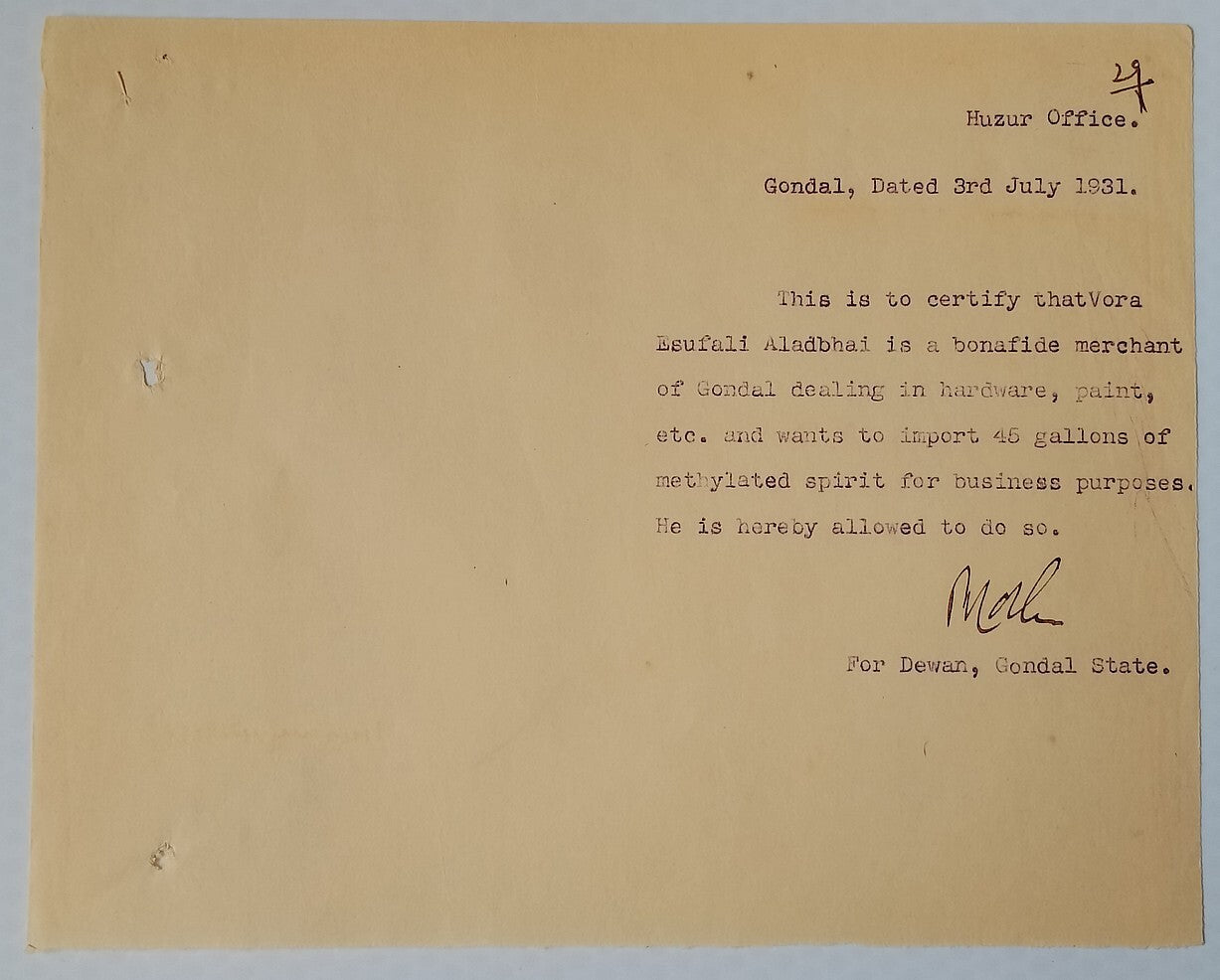 AOP India 1931 1a pair on 1931 Methyl Spirit import license
