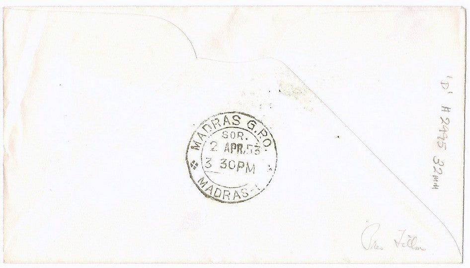 India 1953 cover with Madras Paquebot Hoskings #2995 Rarity 'D'
