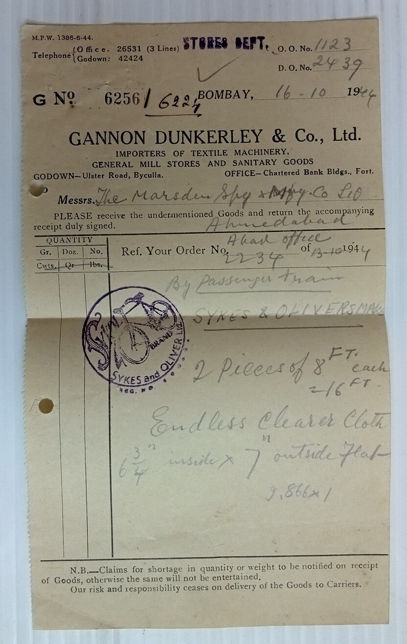 AOP India 1944 billhead CYCLE BRAND TEXTILE MACHINERY Ahmedabad
