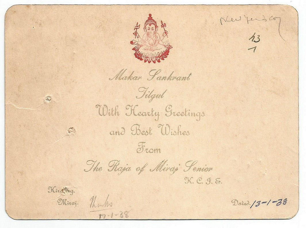 India 1938 crested Makar Sankrant Greeting card from the Chief of Miraj Senior