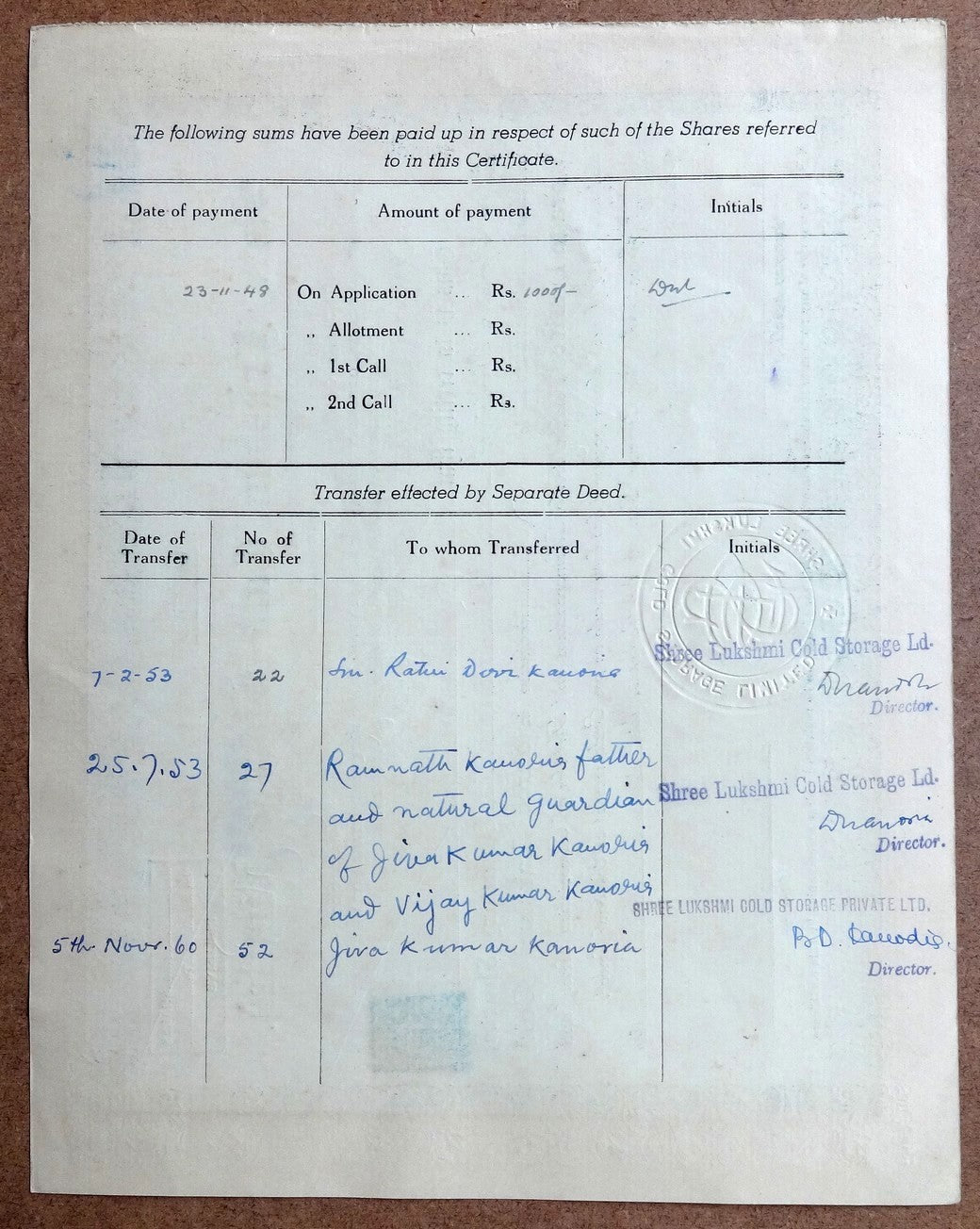 India 1949 SHREE LAKSHIMI COLD STORAGE LIMITED share cerificate