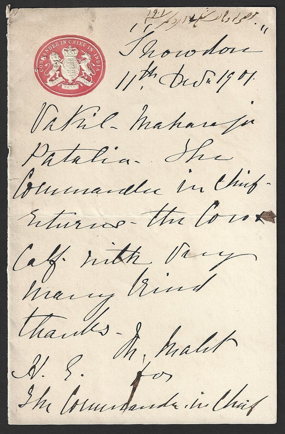 India COMMANDER IN CHIEF 1901 crested letter