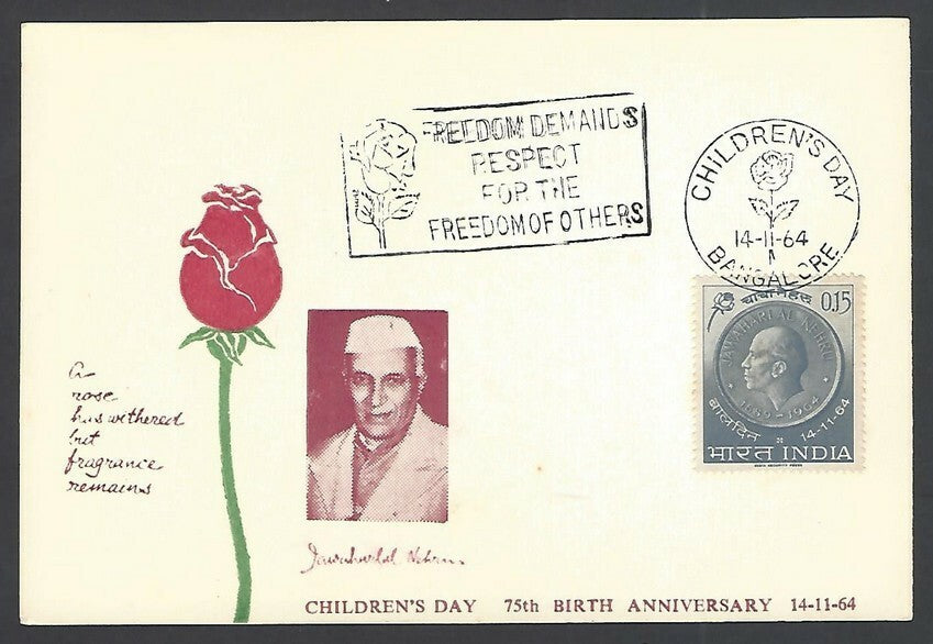 India 1964 Nehru maxi card FREEDOM DEMANDS RESPECT FOR THE FREEDOM OF OTHERS
