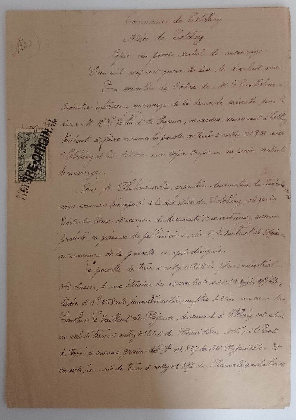 AOP French India 3fa revenue stamp on 1946 4 page KARIKAL document