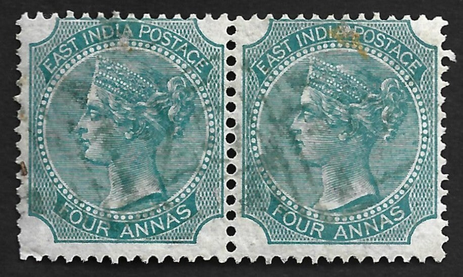 AOP India used ADEN/124 duplex on QV 1866 4a green Die 2 pair. SG Z38 £30+
