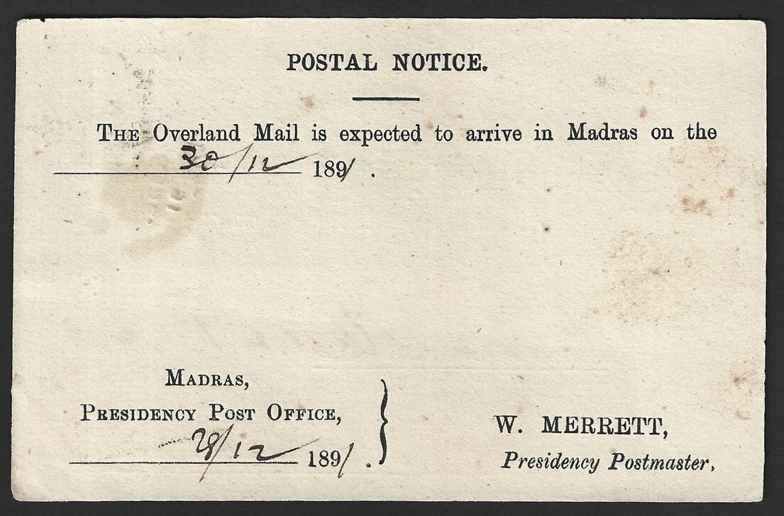 East India green ON POSTAL SERVICE postcard wi Overland Mail Postal Notice 1891