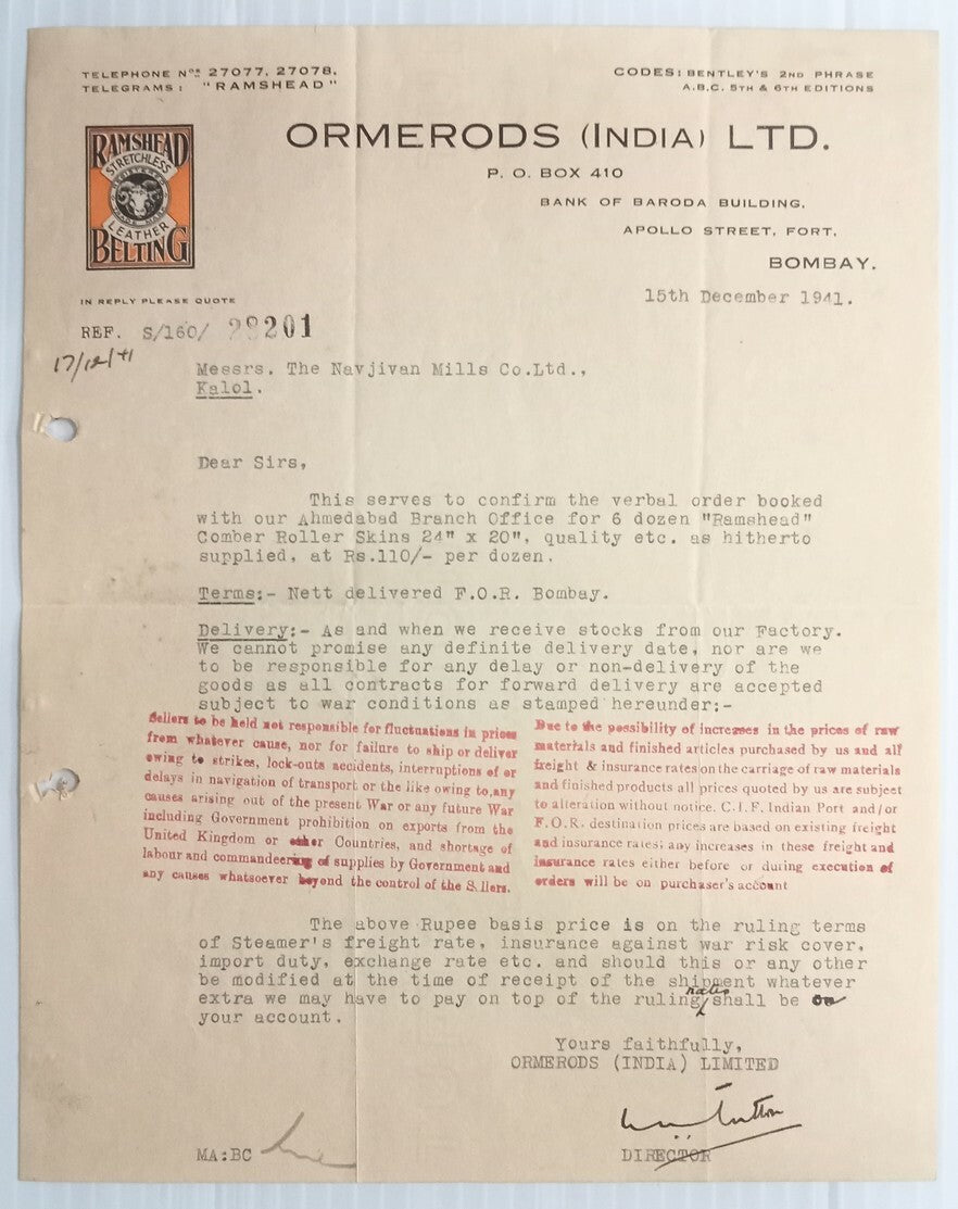 AOP Ramshead Stretchless Leather Belting Bombay 1941 illus letterhead India