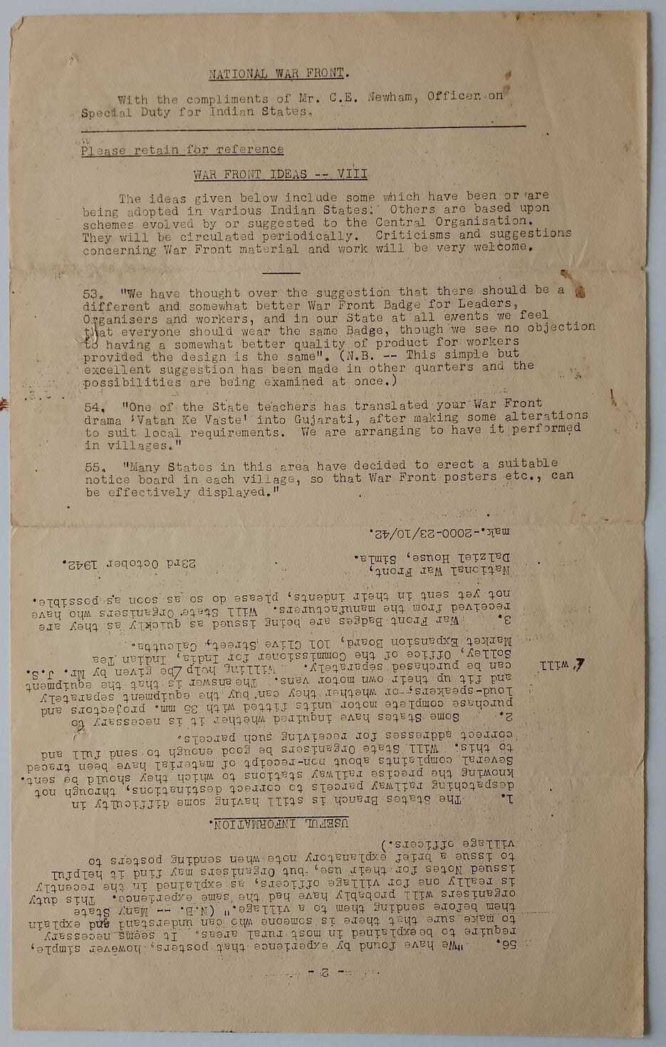 India WW2 Natl War Front 1942 WAR FRONT IDEAS VIII