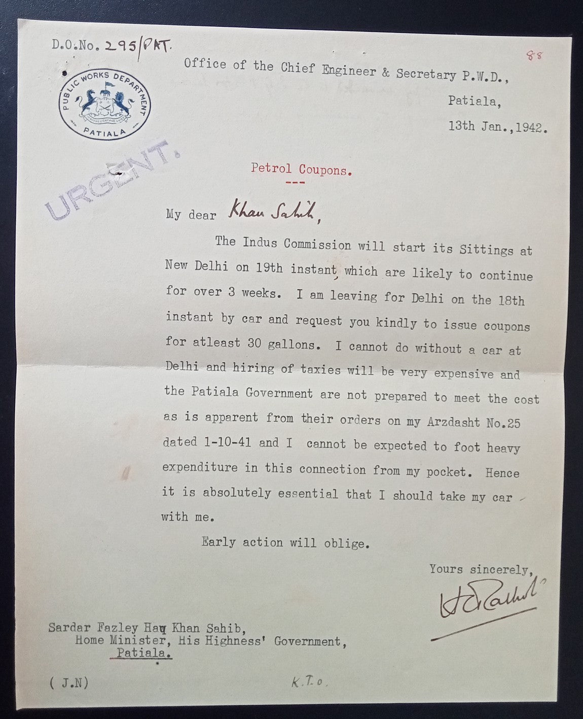 India 1941 crested letter PUBLIC WORKS DEPT. PATALA re: Petrol coupons