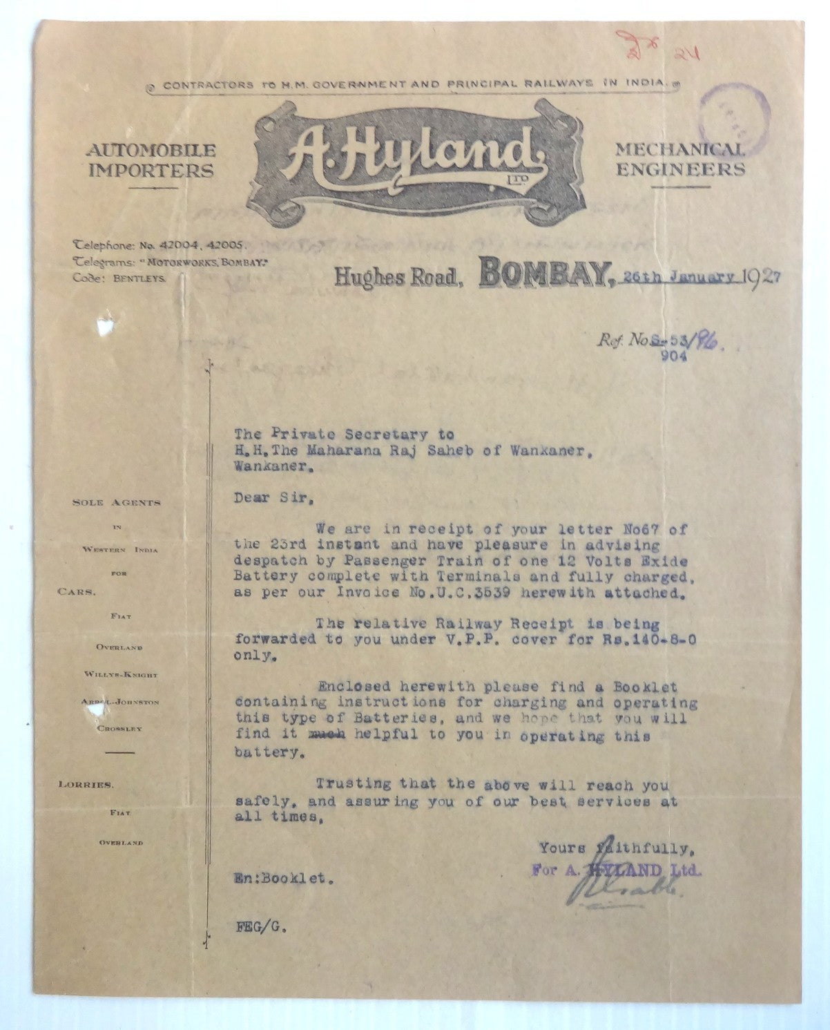 India 1927 A. Hyland Automobile Importers Letterhead
