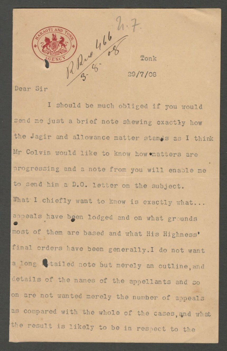 AOP India crested letter 1908 HARAOTI AND TONK AGENCY